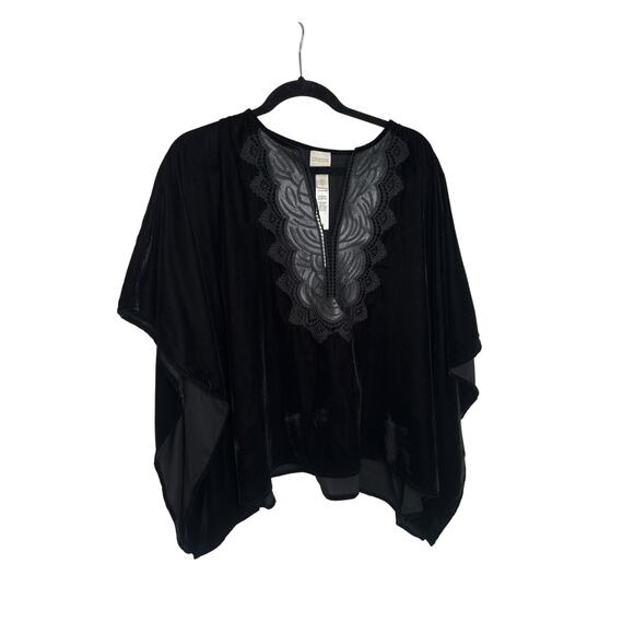 Chico’s Goth Witchy Black Velvet Poncho Top Faux Leather Embroidered Neck S/M - Picture 1 of 8